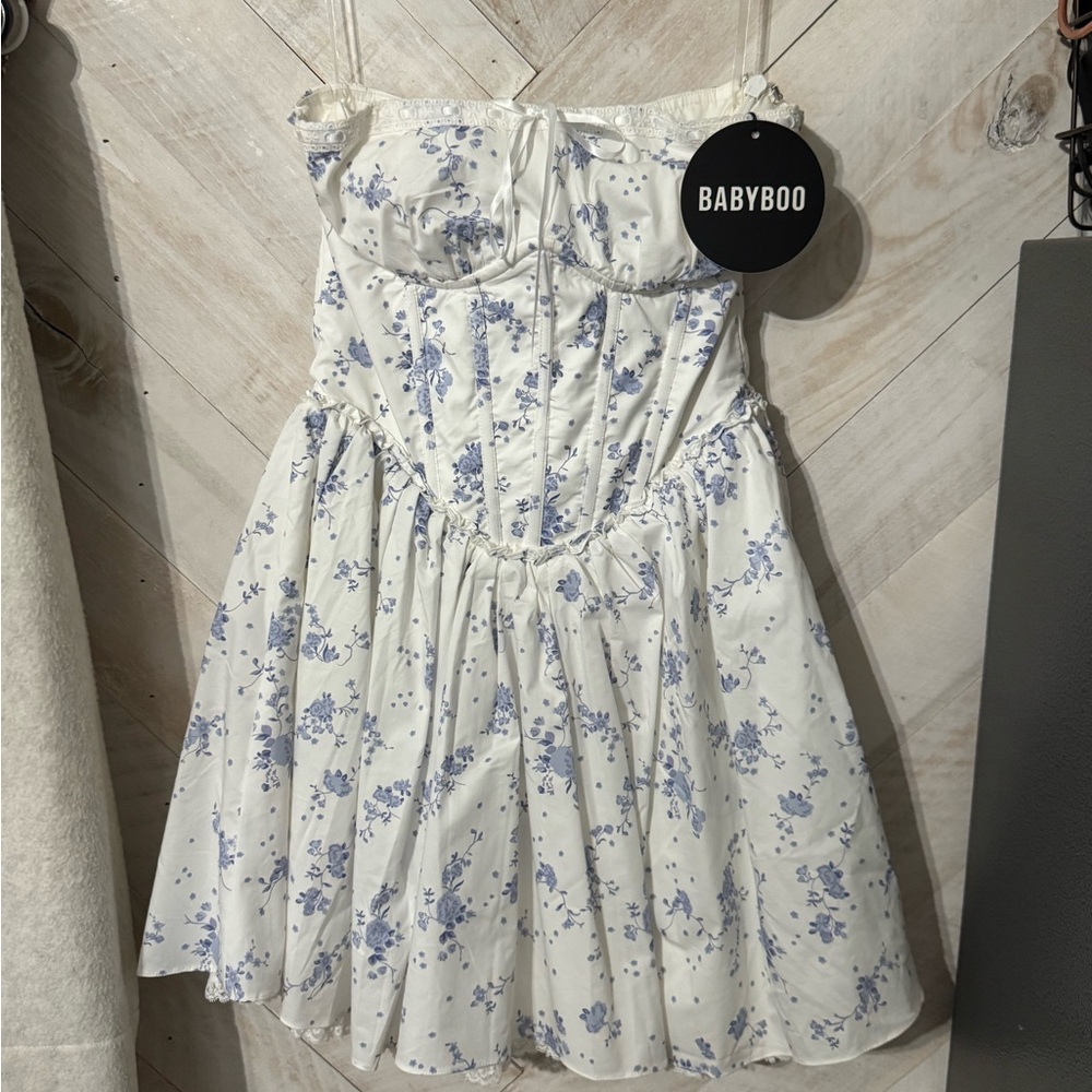Babyboo White and Blue Floral Dress NWT sz S Corset Lace Up